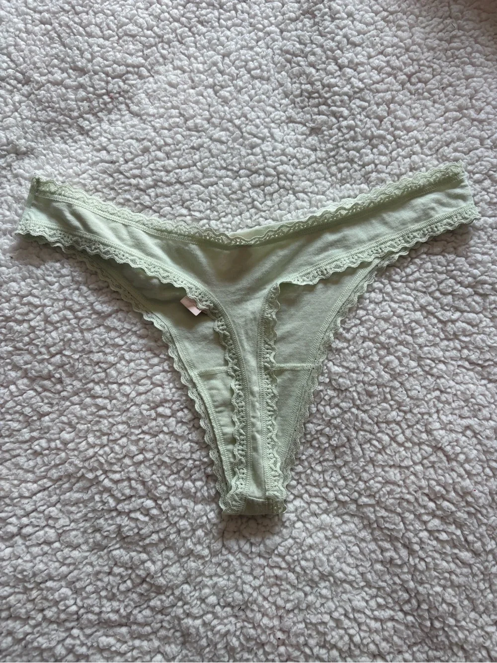 Victoria's Secret Pale Green Lace-Trim Thong with Bunny Embroidery